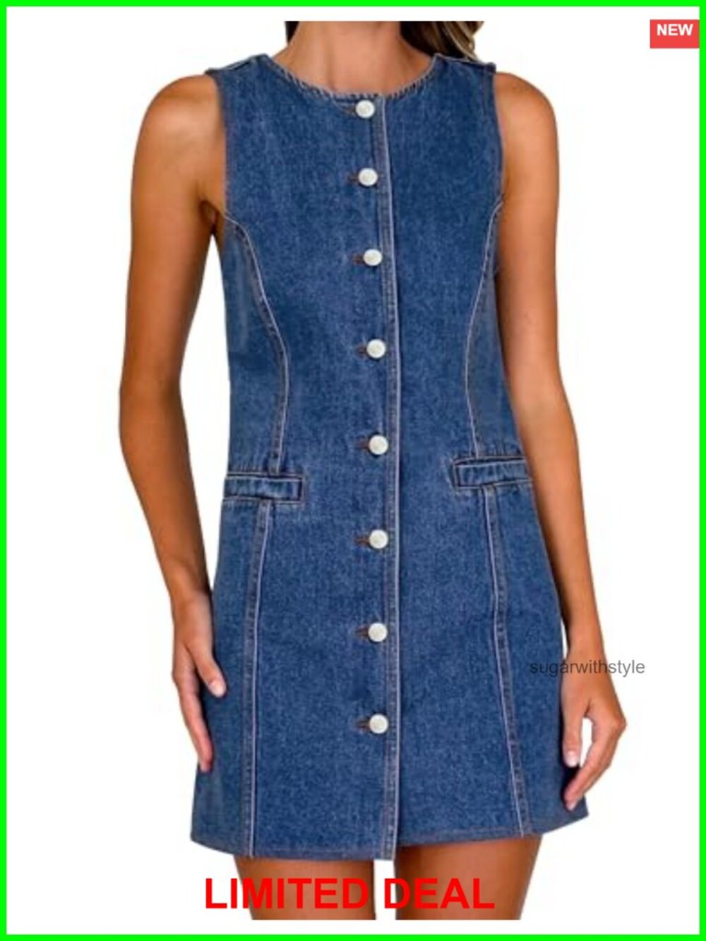 Sleeveless Denim Dress Women Mini A-Line Button Front Pockets Casual